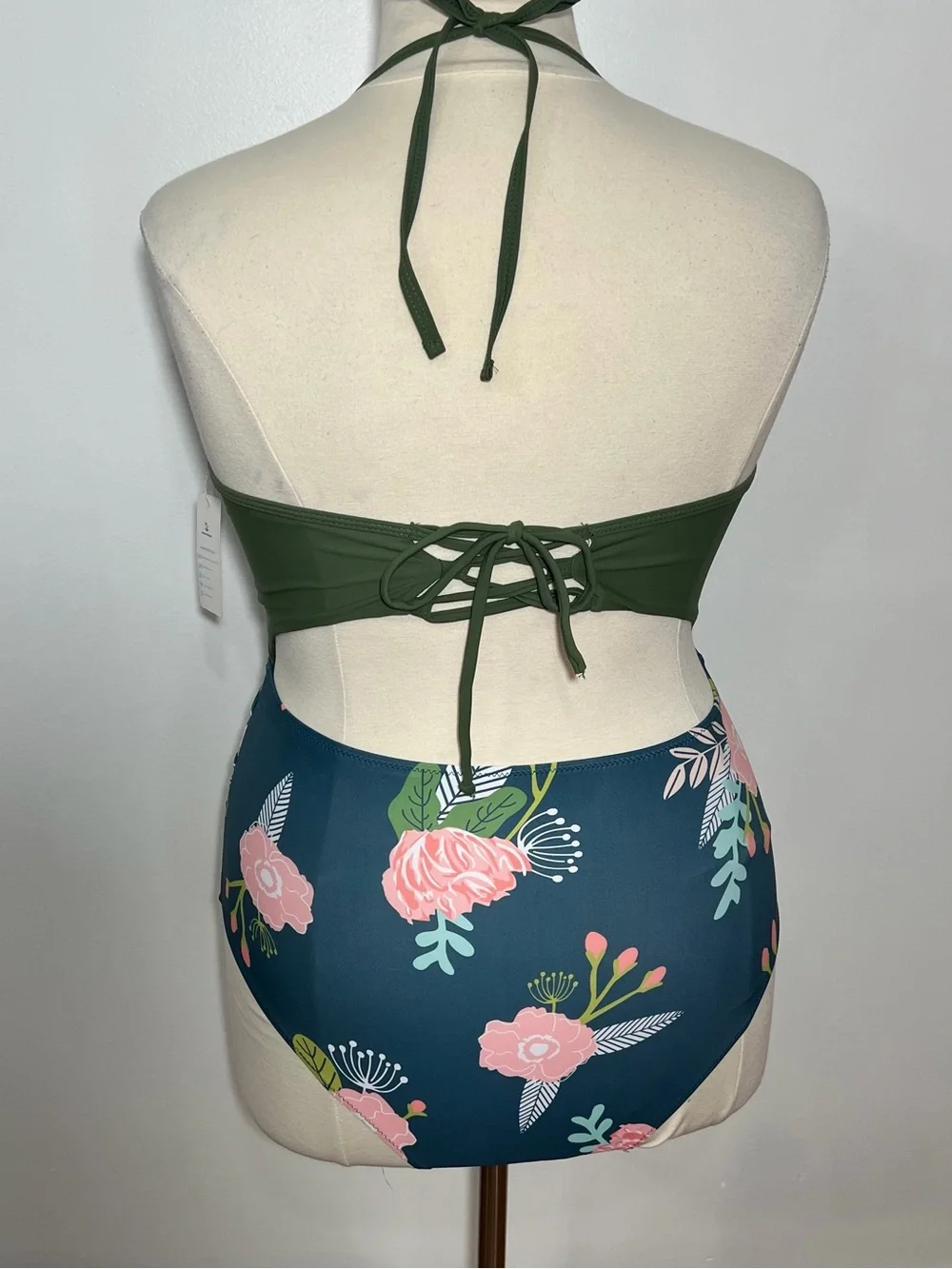 NWT‎ Beachsiss Olive Green & Teal Floral High-Waist One-Piece -- XL